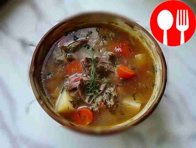 Homemade duck soup with tomatoes and sour cream