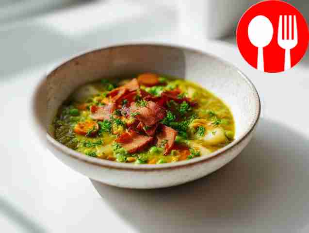 Hearty pea soup with fried bacon in a pressure cooker