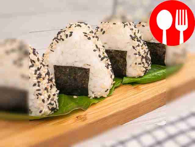 Onigiri with canned pink salmon and soft cheese