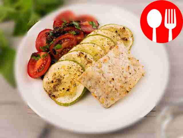 Place the prepared fish, zucchini, cherry...