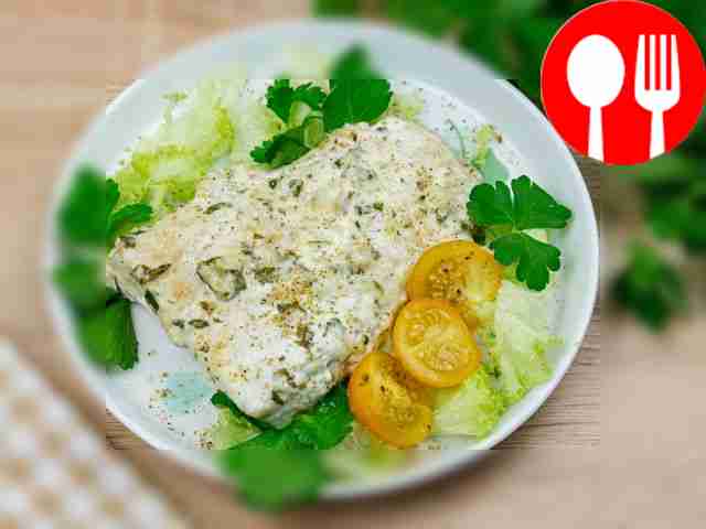 Pike perch in mayonnaise with garlic in a double boiler