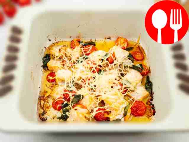 Top with cheese and basil. And put in the oven...
