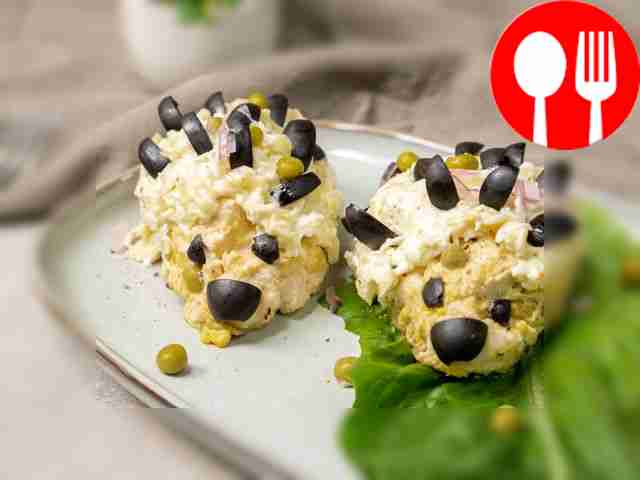“Hedgehog” salad with canned peas