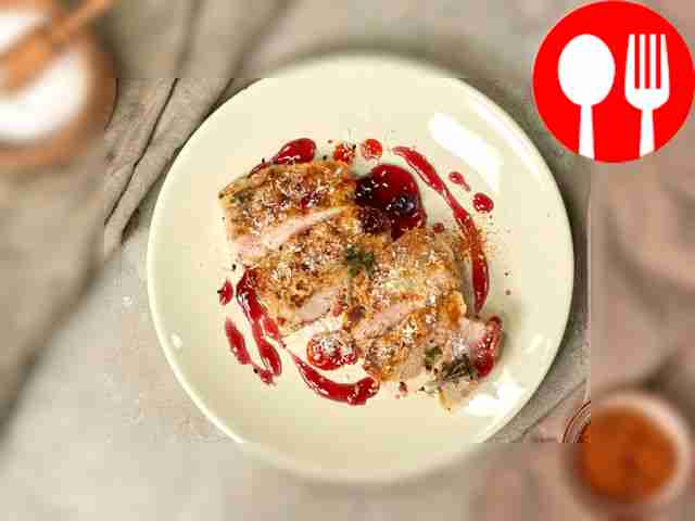 Serve chicken breast chops with sweet and sour sauce.