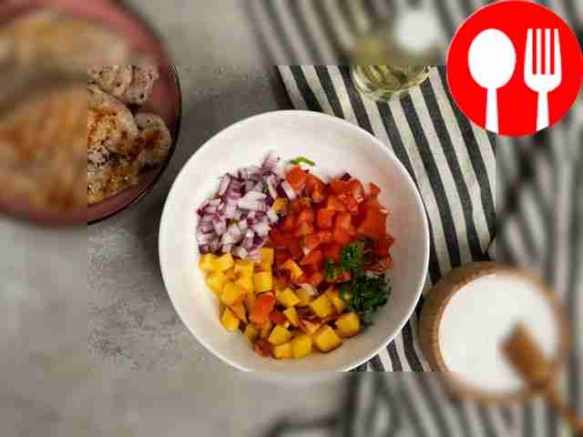 Make peach salsa. Cut the tomatoes, peaches...