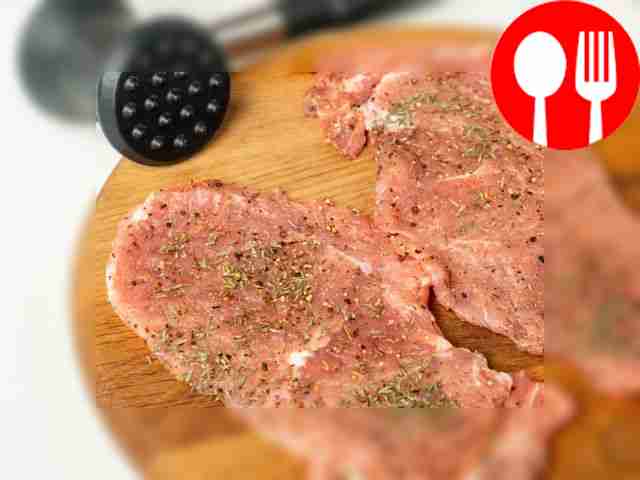 Beat and season the meat. Place the pork...