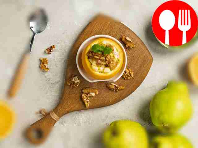 Garnish quince salad with fruits with ground...