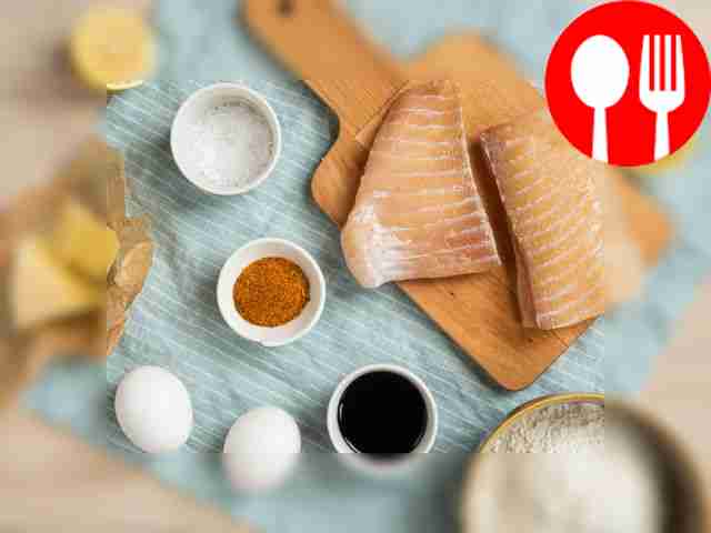 Cut the fish fillet into portions and beat...