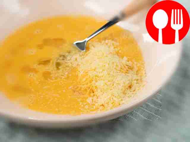 Make the egg and cheese mixture. Break the...