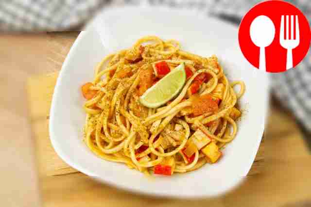 Udon with kimchi and crab sticks