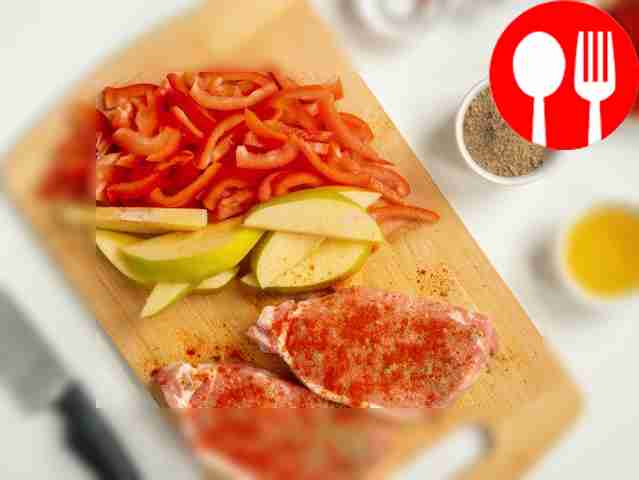 Prepare the meat and quince. Cut the pork into...