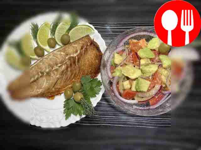 Baked mackerel with avocado salad