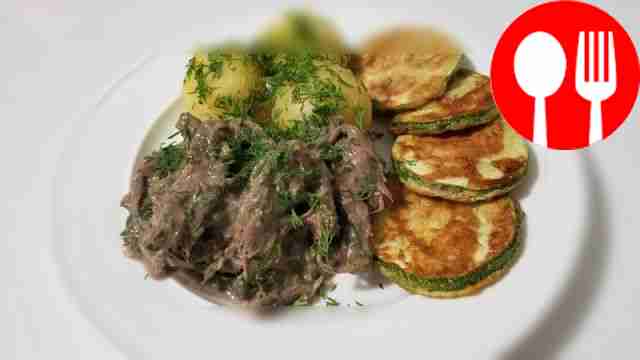 Fragrant azu with potatoes, zucchini and tkemali sauce