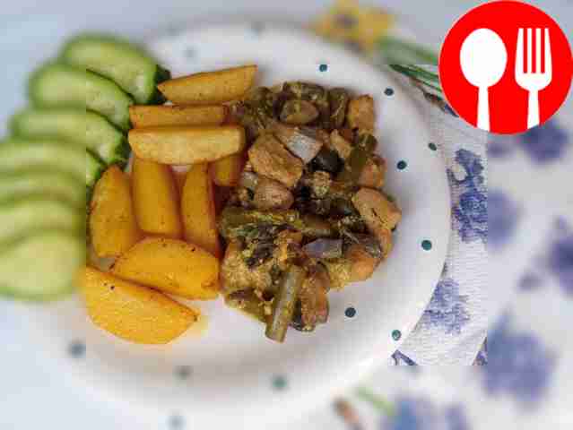 Chicken breast in cream sauce with vegetables and potatoes