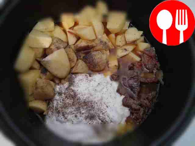 Next, add potatoes, water, sour cream, salt...