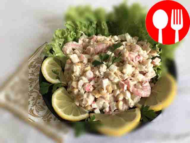 Classic salad with squid, crab sticks and shrimp