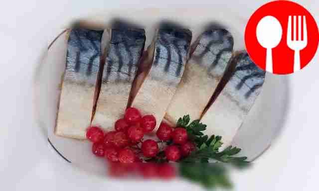 Homemade pickled mackerel with viburnum