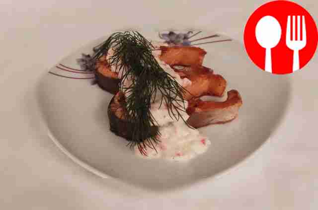 Tender trout with garlic and crab sauce