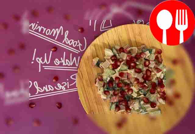 Crab salad with pomegranate and chicken eggs