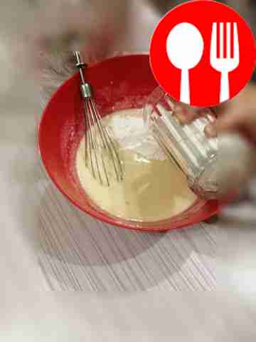 Add sugar, flour, baking powder. Mix...