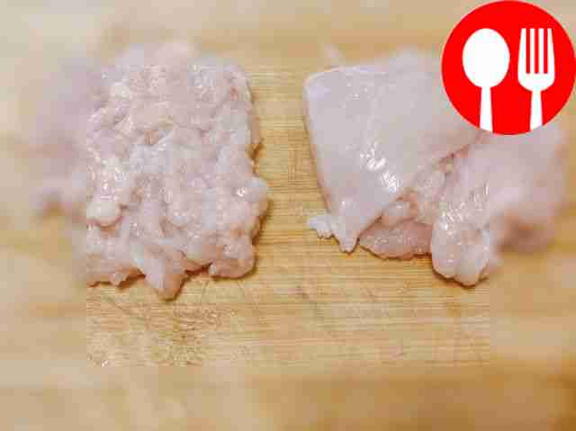 Shred the chicken into small squares.