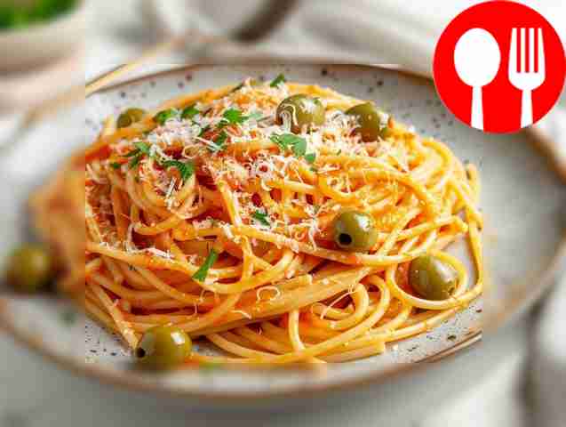 Spaghetti with tomato paste and olives