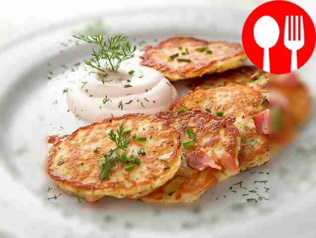 Crispy zucchini pancakes with cheese and bacon