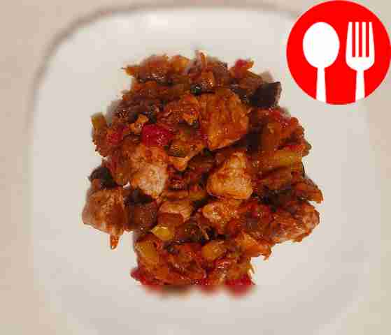 Turkey stew with eggplant, zucchini and tomatoes