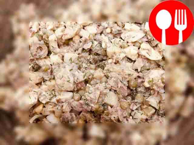 Unconventional salad with olives, potatoes and chicken eggs