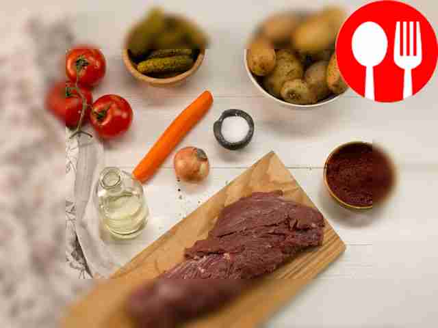 Cut the beef, onions and cucumbers into...