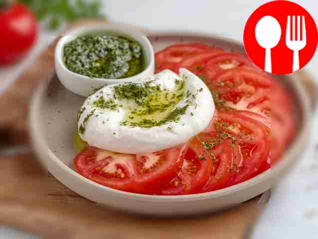 Original caprese salad with burrata and pesto