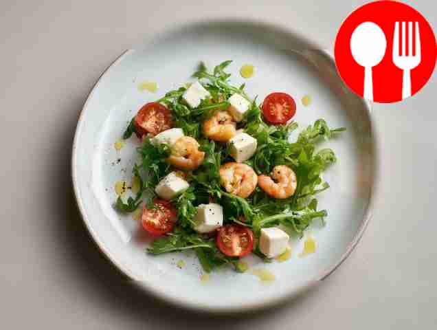 Extraordinary salad with shrimp, arugula in olive oil