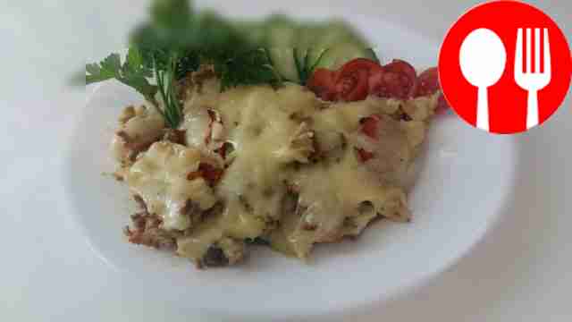 Casserole with minced meat and pasta with sauce
