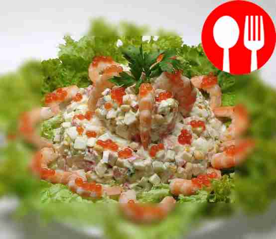 Delicious salad with shrimp and crab sticks