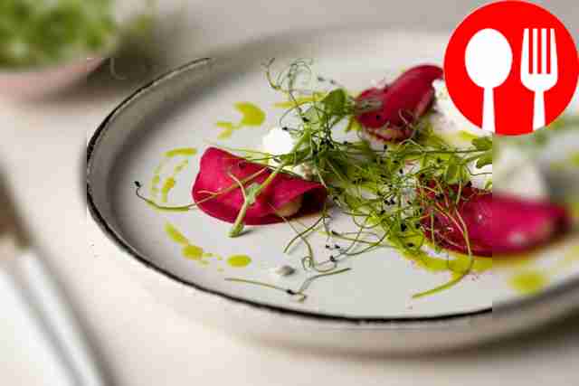 Beet ravioli with nut cream and feta