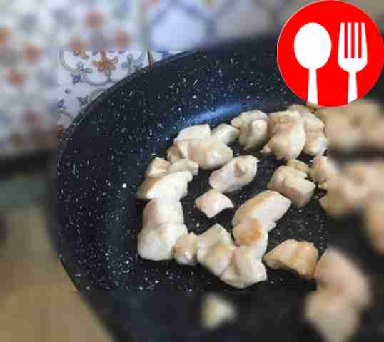 Cut the chicken. Fry the chicken until golden brown.