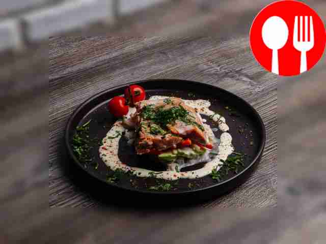 Pink salmon baked with rice and vegetables