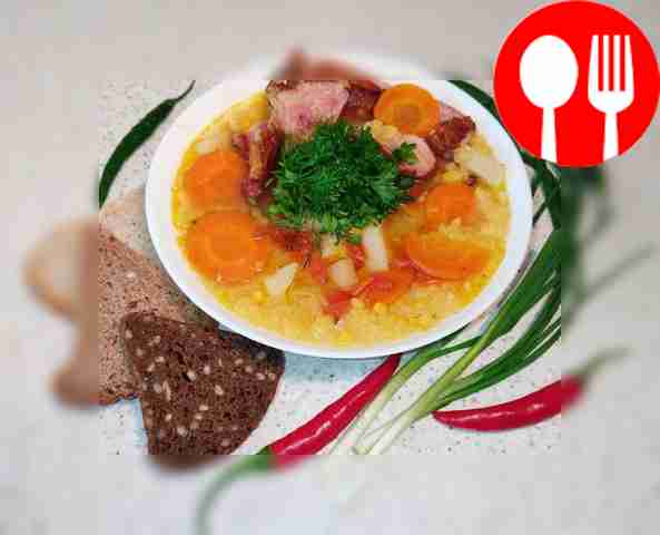 Appetizing pea soup with ribs