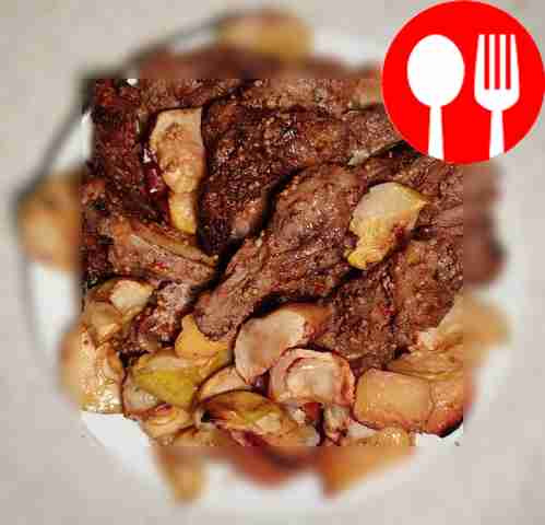 Serve the meat with apples soaked in juices,...