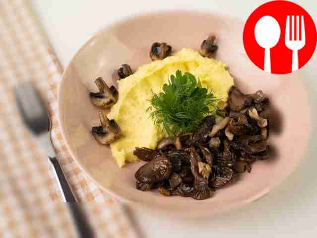 Serve warm champignons and oyster mushrooms...