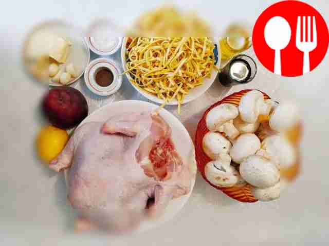 Rinse and dry chicken, mushrooms and apples....