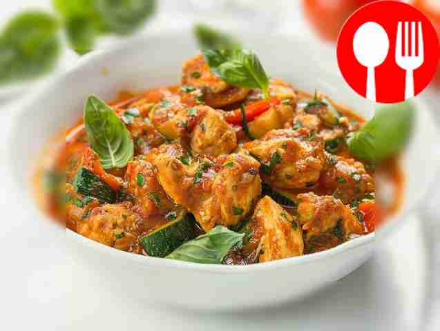 Juicy chakhokhbili from tender chicken and zucchini with spicy tomato sauce