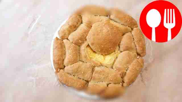 Fondue with puff pastry and sausages