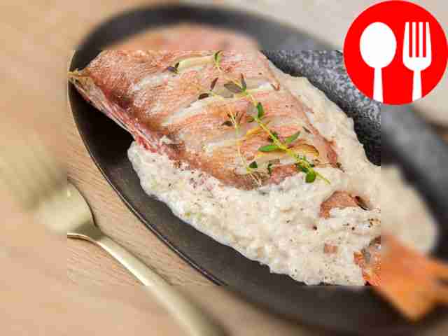 Perch in cream sauce in a frying pan