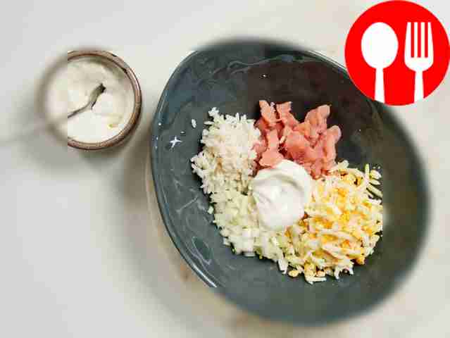 Form a salad. Mix rice, chopped pink salmon,...