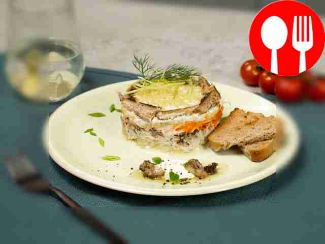 Layered fish salad with canned food