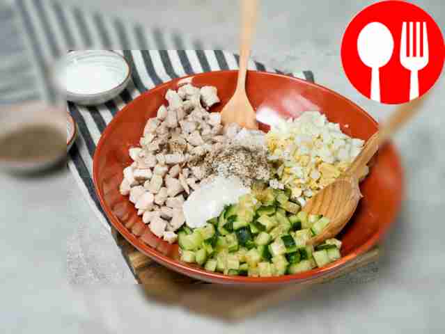 Make a salad with chicken and nuts. Place...