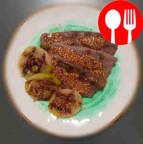 Marbled beef in mustard