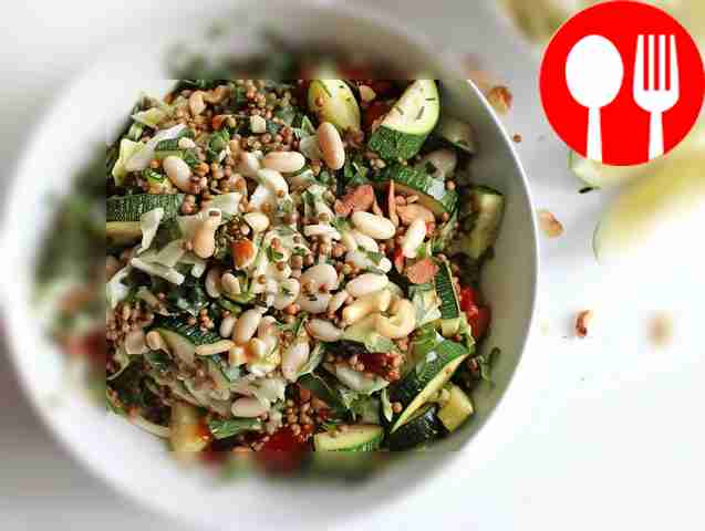 Healthy salad of zucchini, lentils, cabbage and beans