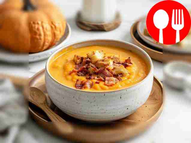 Французский тыквенный суп-пюре с беконом и сухариками